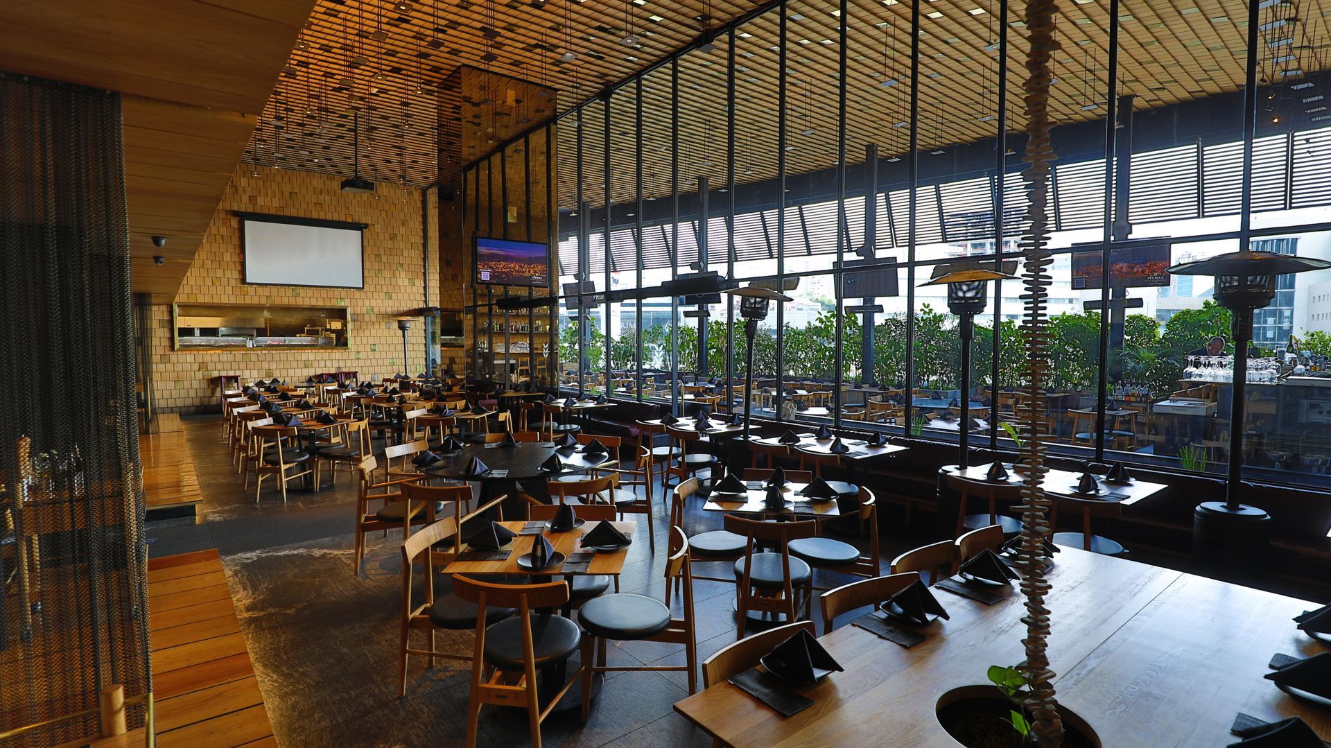 Interior de cafetería moderna con mesas y sillas de madera, grandes ventanales y plantas bañadas por la cálida luz del sol.