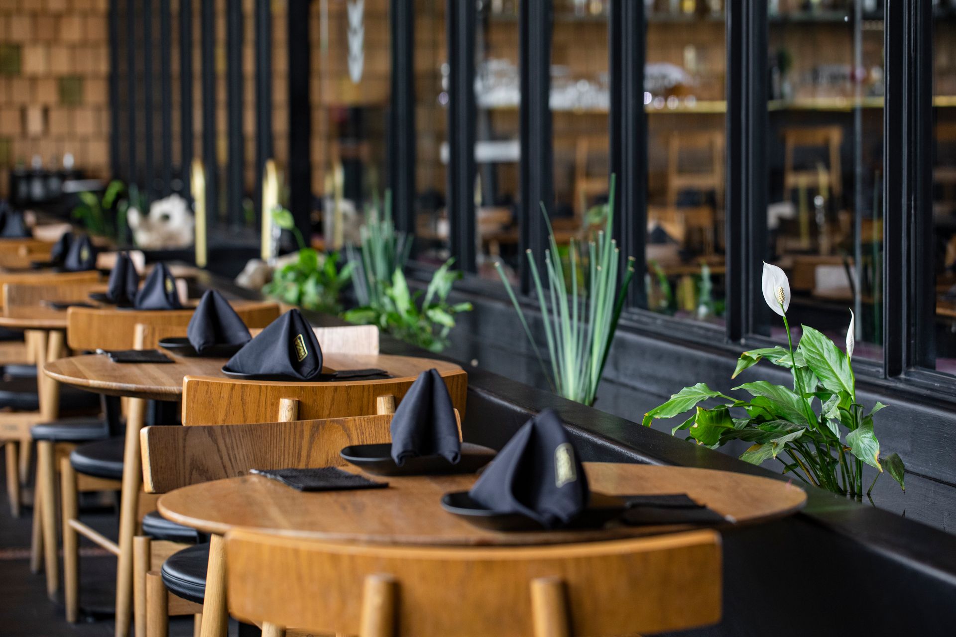 Mesas de restaurante vacías con servilletas negras dobladas y plantas junto a una pared acristalada.