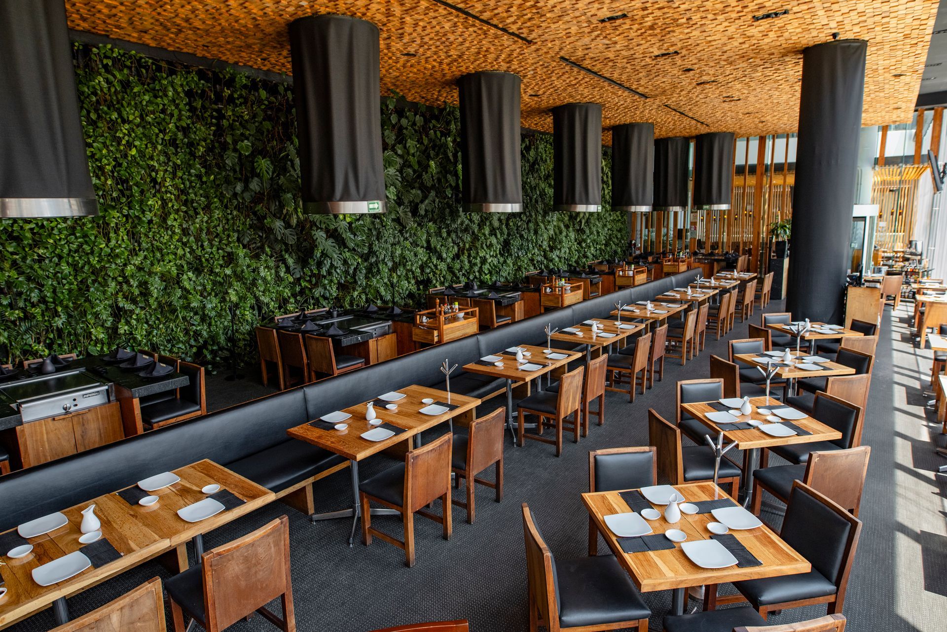 Comedor moderno: mesas madera, sillas y muro verde.