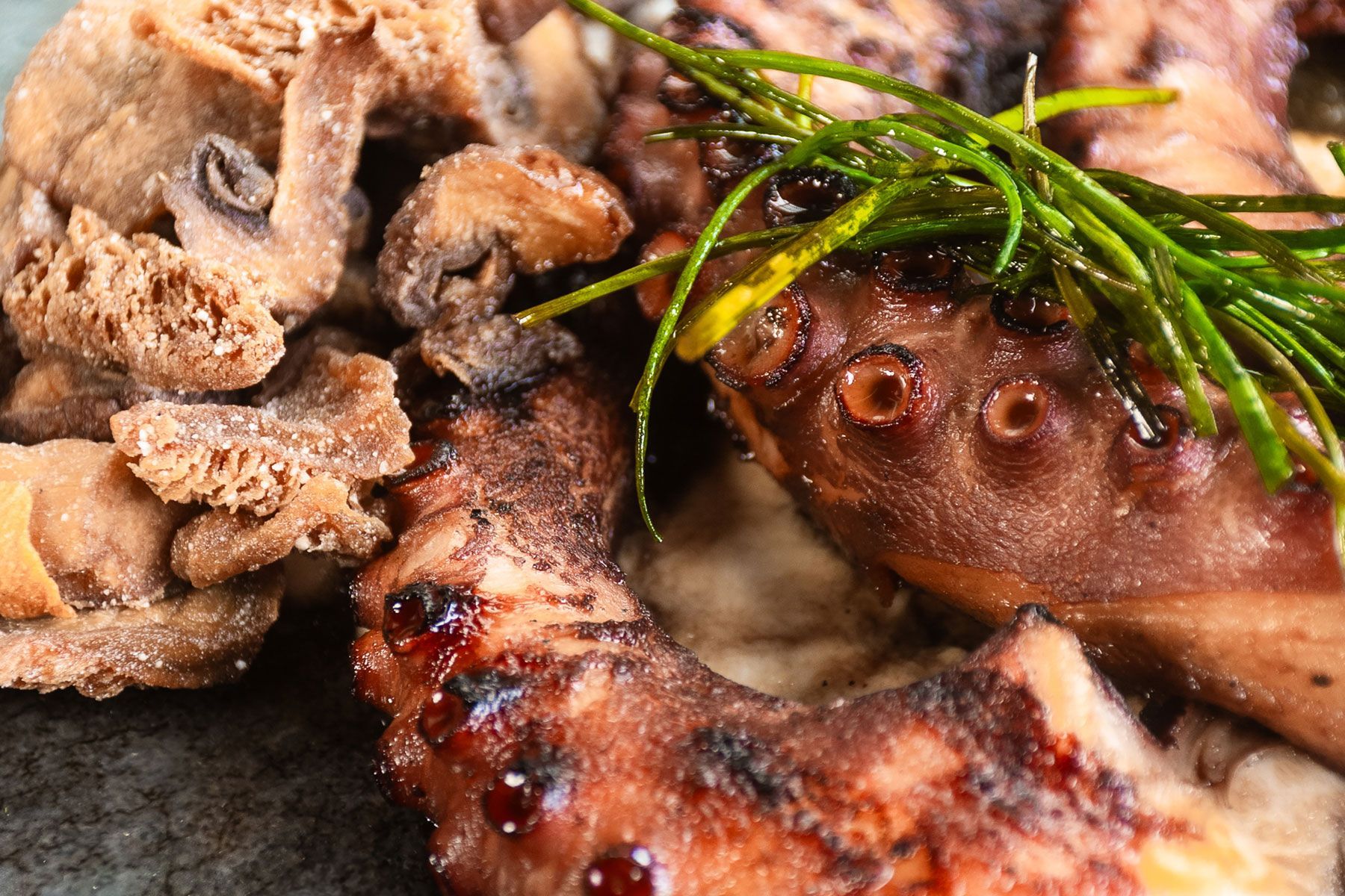 Pulpo y carne a la parrilla servidos con romero en un plato rústico.