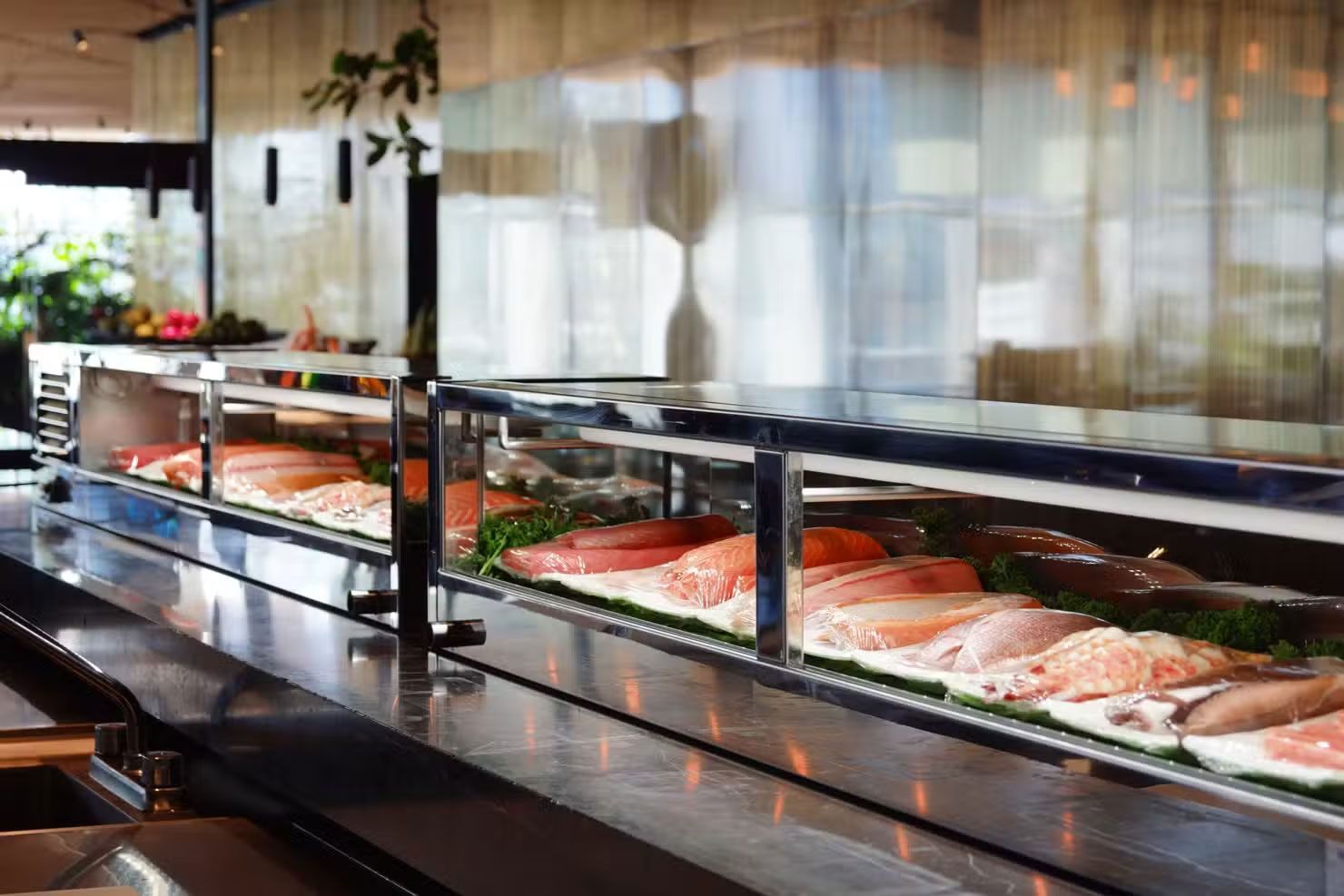 Barra de sushi con bandejas de sashimi variadas expuestas tras un cristal sobre una encimera.
