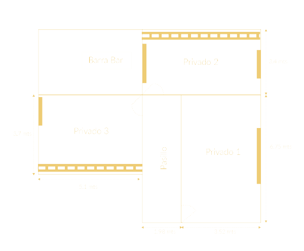Diagrama de planta de color amarillo pálido con habitaciones etiquetadas y dimensiones sobre un fondo blanco.