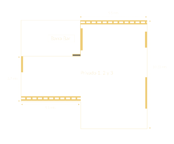 Plano de planta sencillo en color beige con dos habitaciones comunicadas y detalles en amarillo en las paredes.