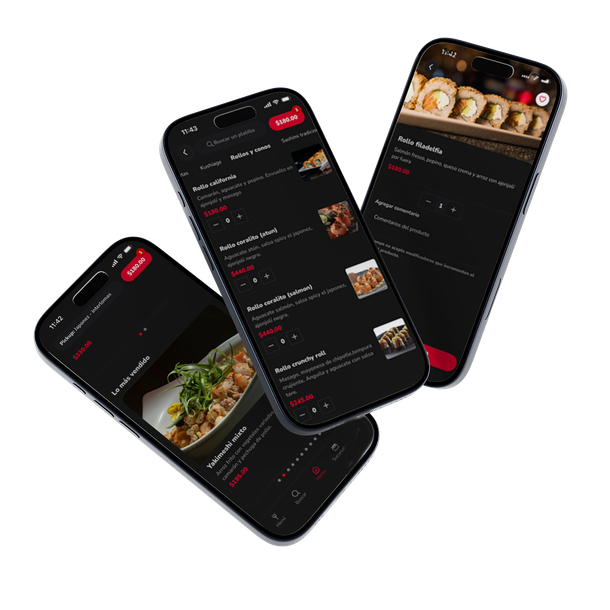 Tres móviles con app de comida oscura y detalles rojos.