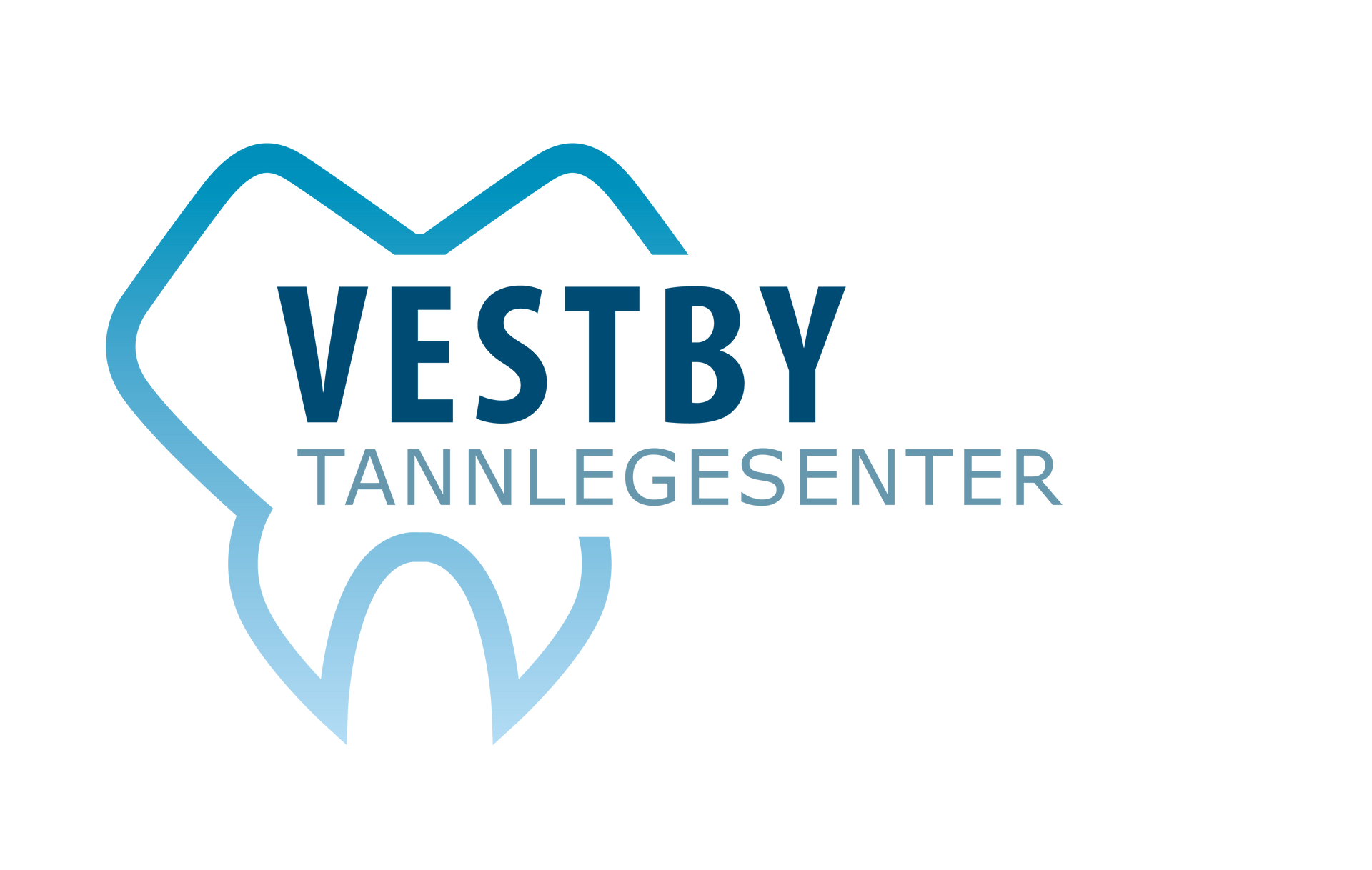 Logo for Vestby Tannlegesenter: en stilisert tann i blånyanser med navnet i mørkeblått.