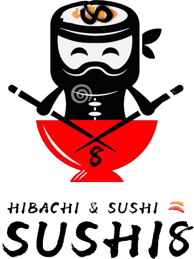 Cartoon sushi chef holding chopsticks above red bowl, with “HIBACHI & SUSHI SUSHI8” text.