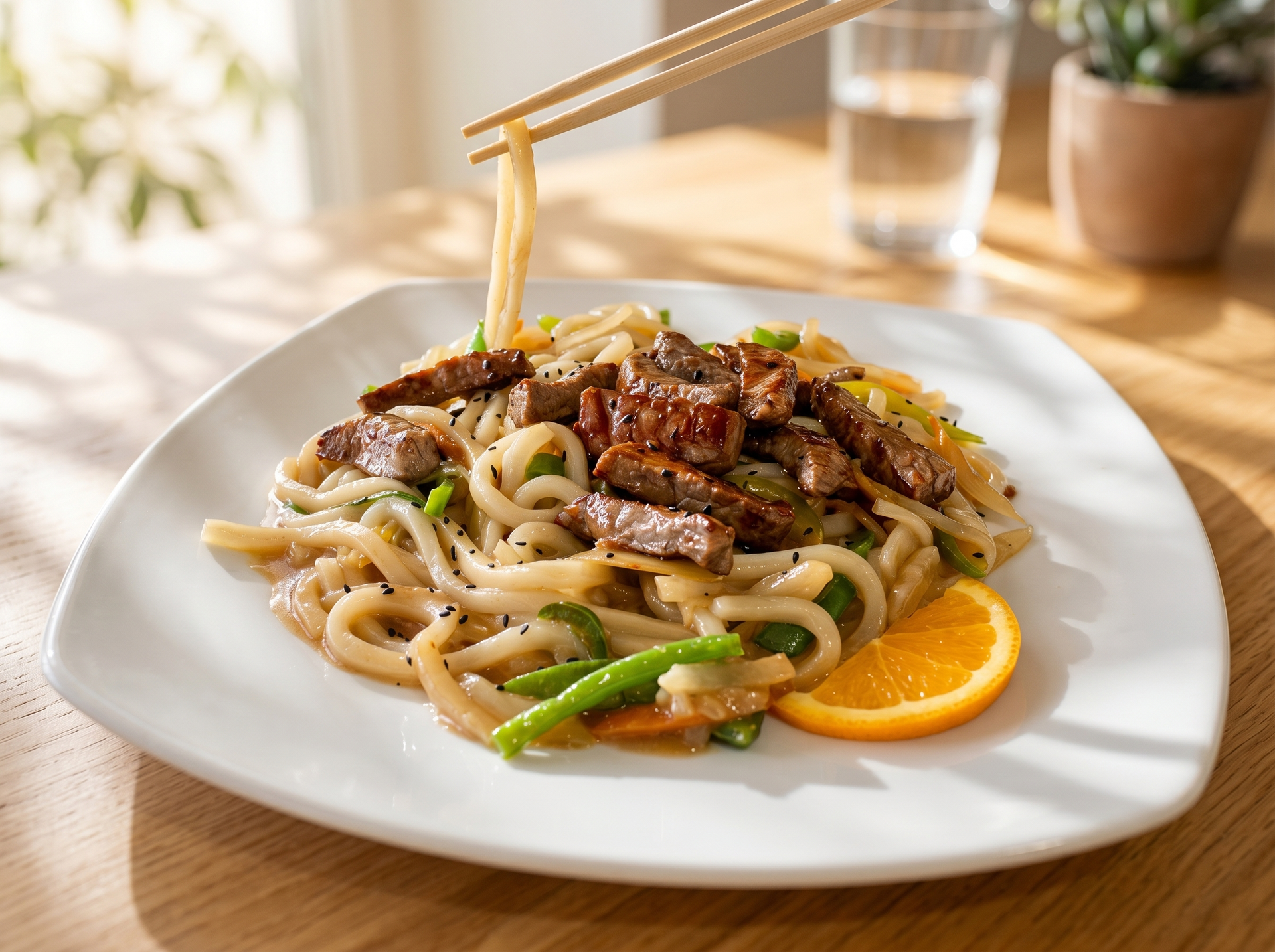 Plate of stir-fried noodles with beef and vegetables, garnished with orange slices on a table, with chopsticks above