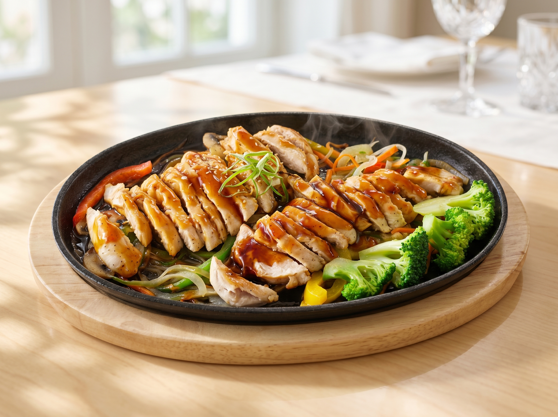Grilled sliced chicken on a sizzling platter with broccoli and corn on a wooden table