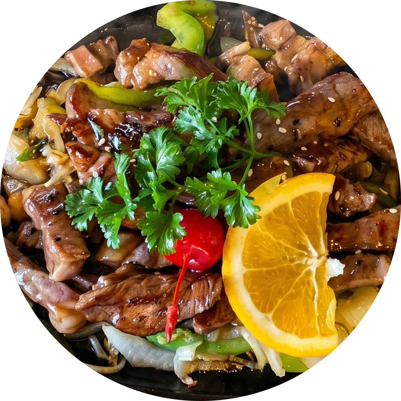 Grilled beef and vegetables topped with parsley, a red chili, and an orange slice on a dark plate