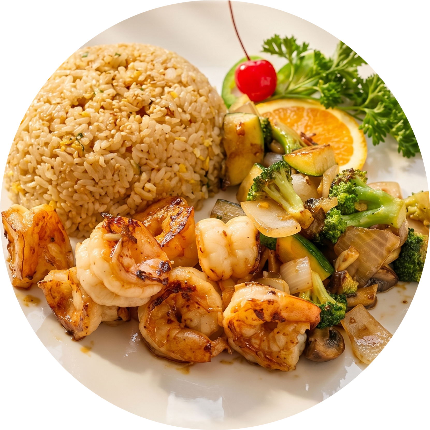 Plate of shrimp, grilled chicken, brown rice, and sautéed vegetables with lemon and herbs