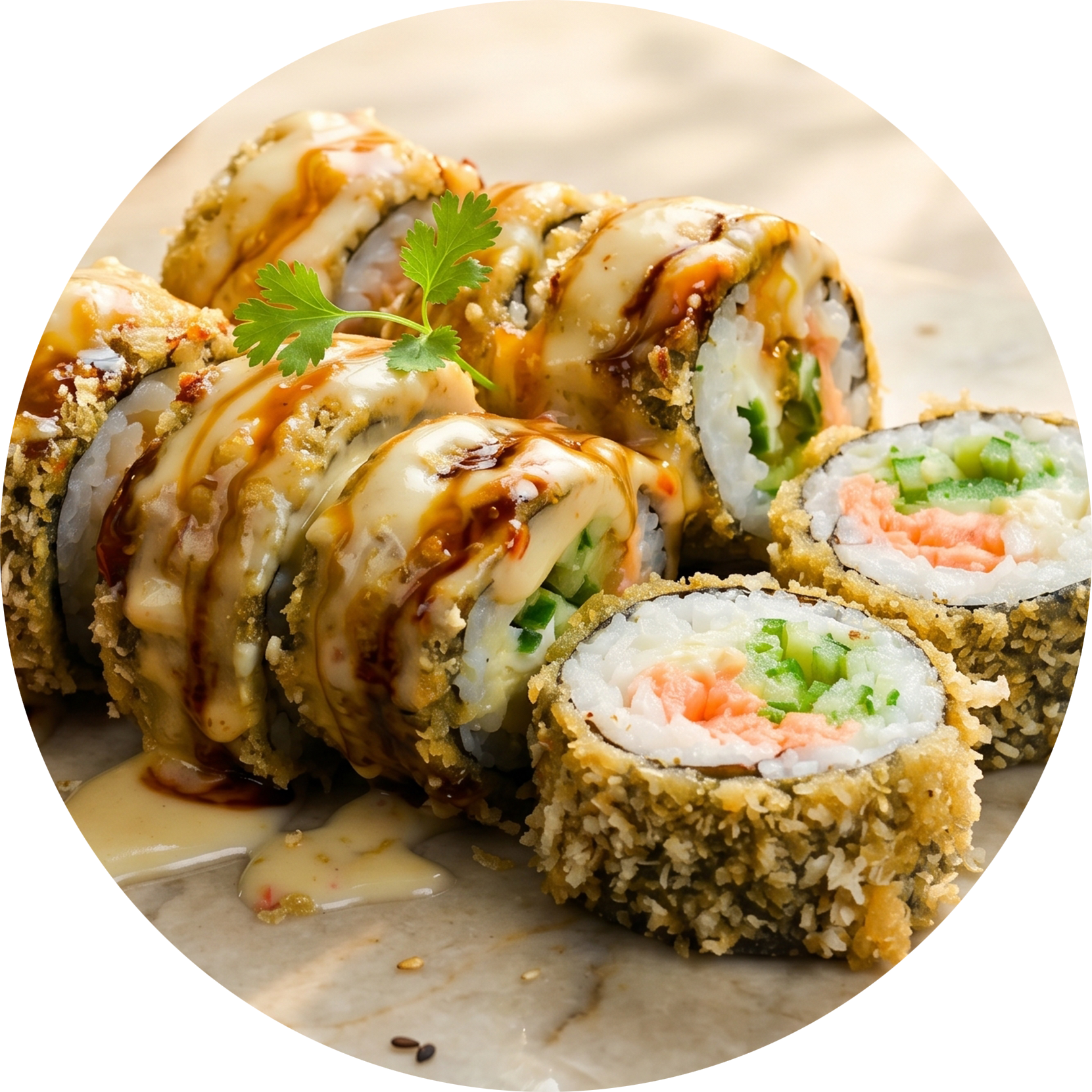 Sushi rolls topped with creamy sauce and garnish, arranged on a plate with dipping sauce.