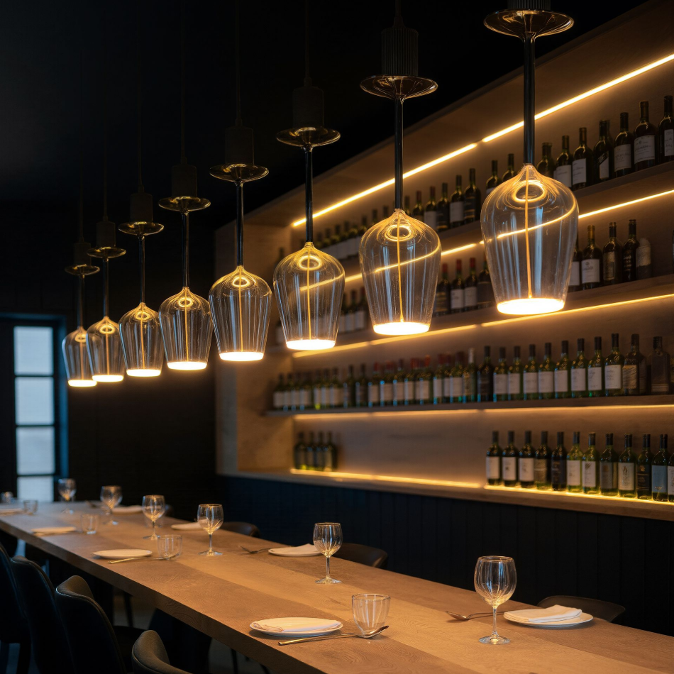 ledlampen als wijnglas boven bar