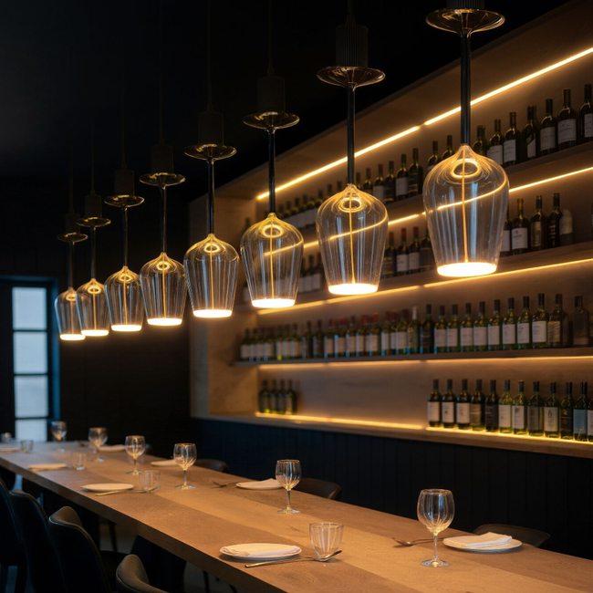 ledlampen als wijnglas boven bar