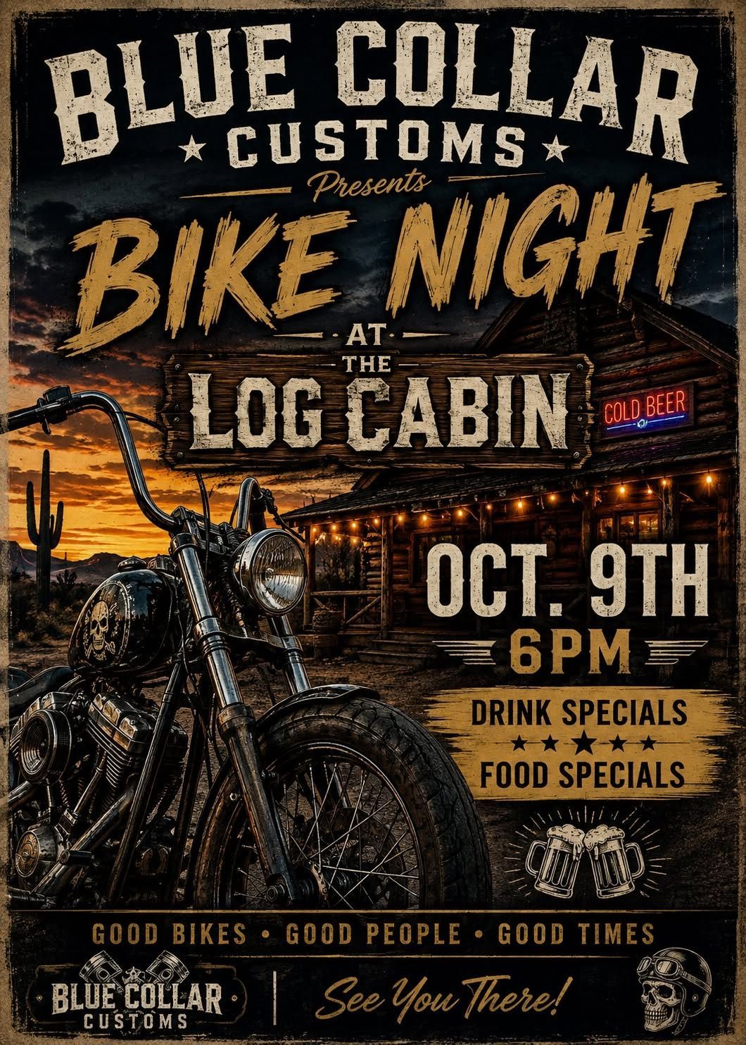 Blue Collar Customs Bike Night poster at Log Cabin, Oct. 9th, with biker and sunset backdrop