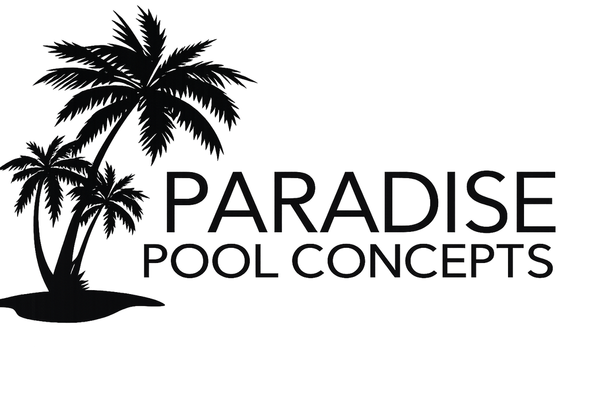 Logo for Paradise Pool Concepts featuring two black palm trees next to the company name in sans-serif font.