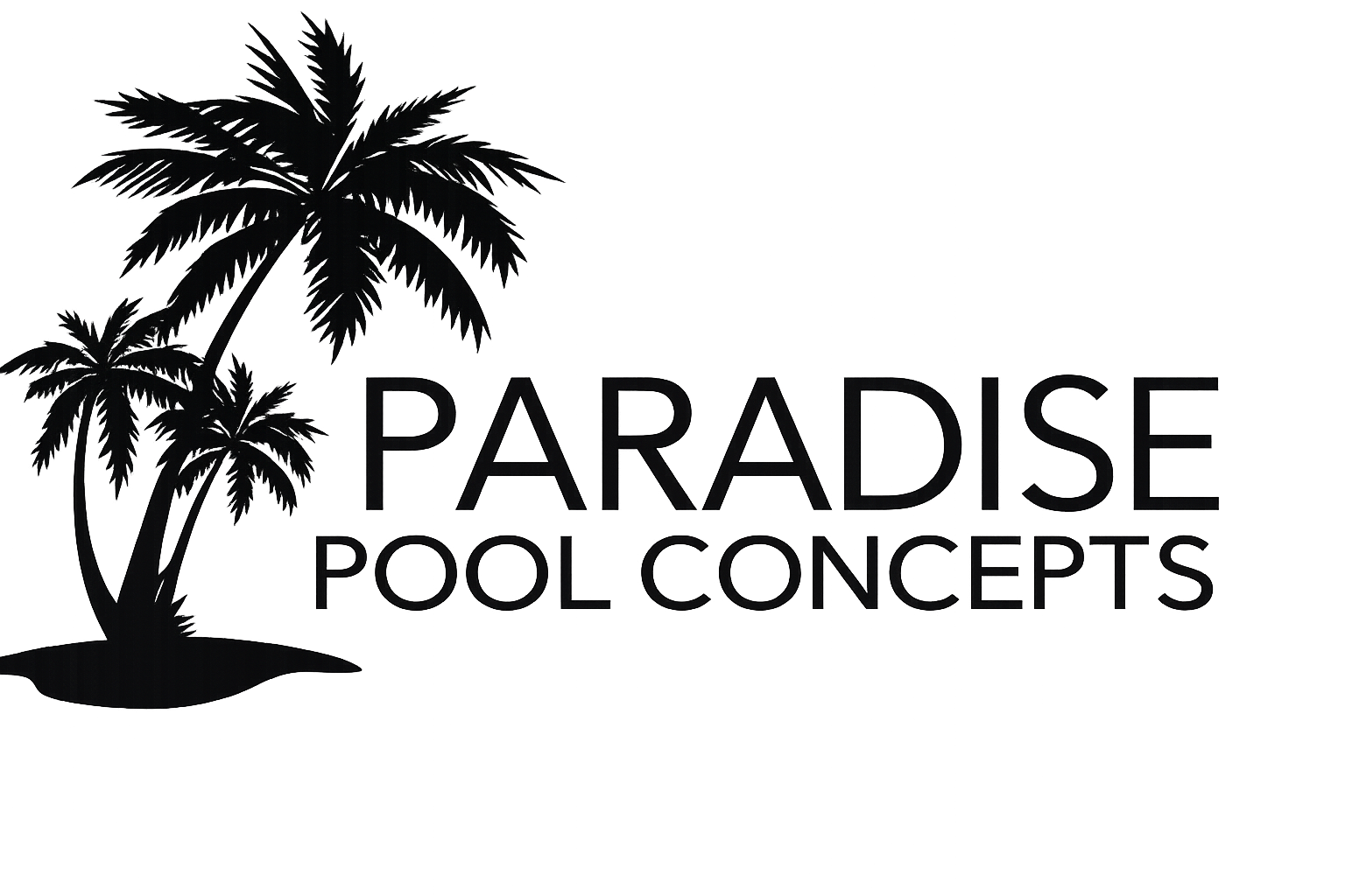 Logo for Paradise Pool Concepts featuring two black palm trees next to the company name in sans-serif font.