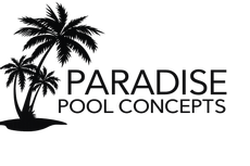 Logo for Paradise Pool Concepts featuring two black palm trees next to the company name in sans-serif font.