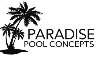 Logo for Paradise Pool Concepts featuring two black palm trees next to the company name in sans-serif font.