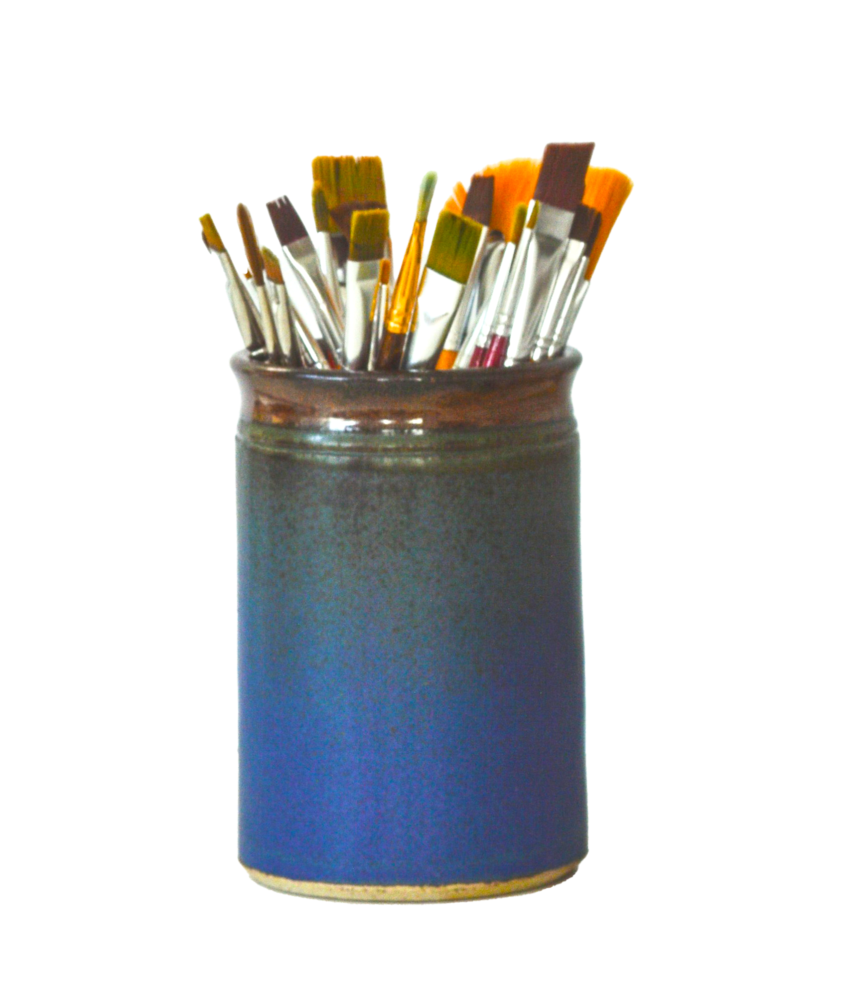 Blue metal jar holding assorted paintbrushes
