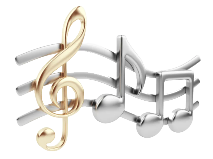Gold treble clef and silver musical notes on a white background