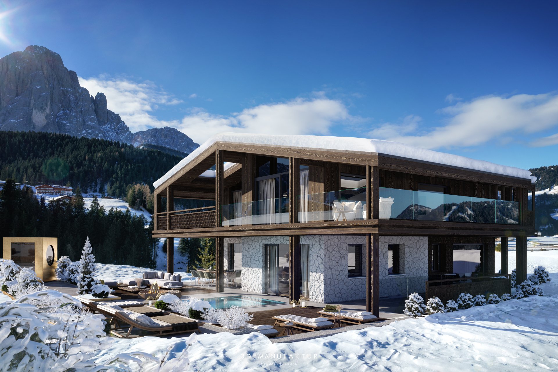 Architekturvisualisierung Luxus Chalet Alpurio in den Dolomiten