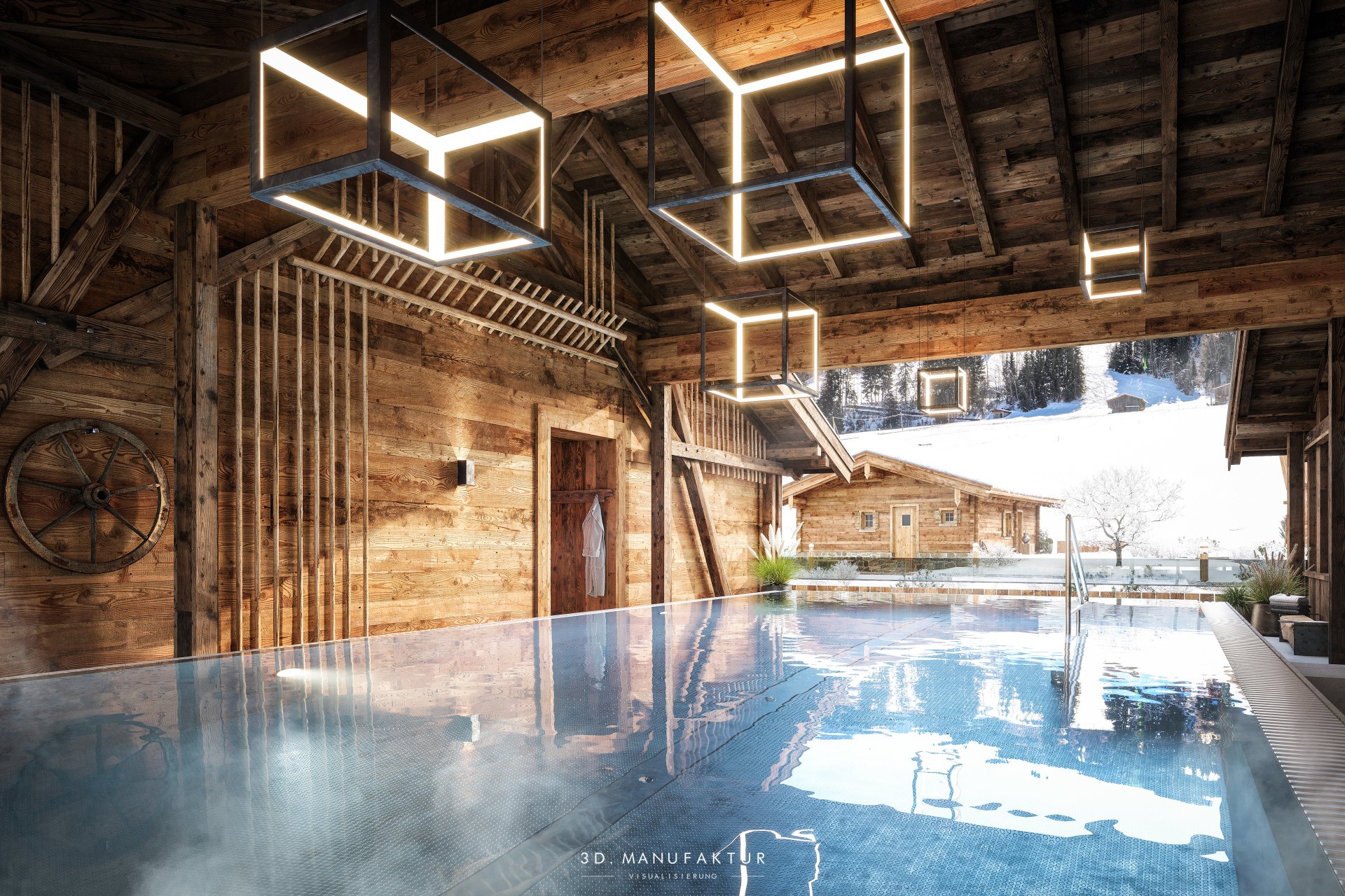 Architekturvisualisierung Chaletdorf Hygna Pool