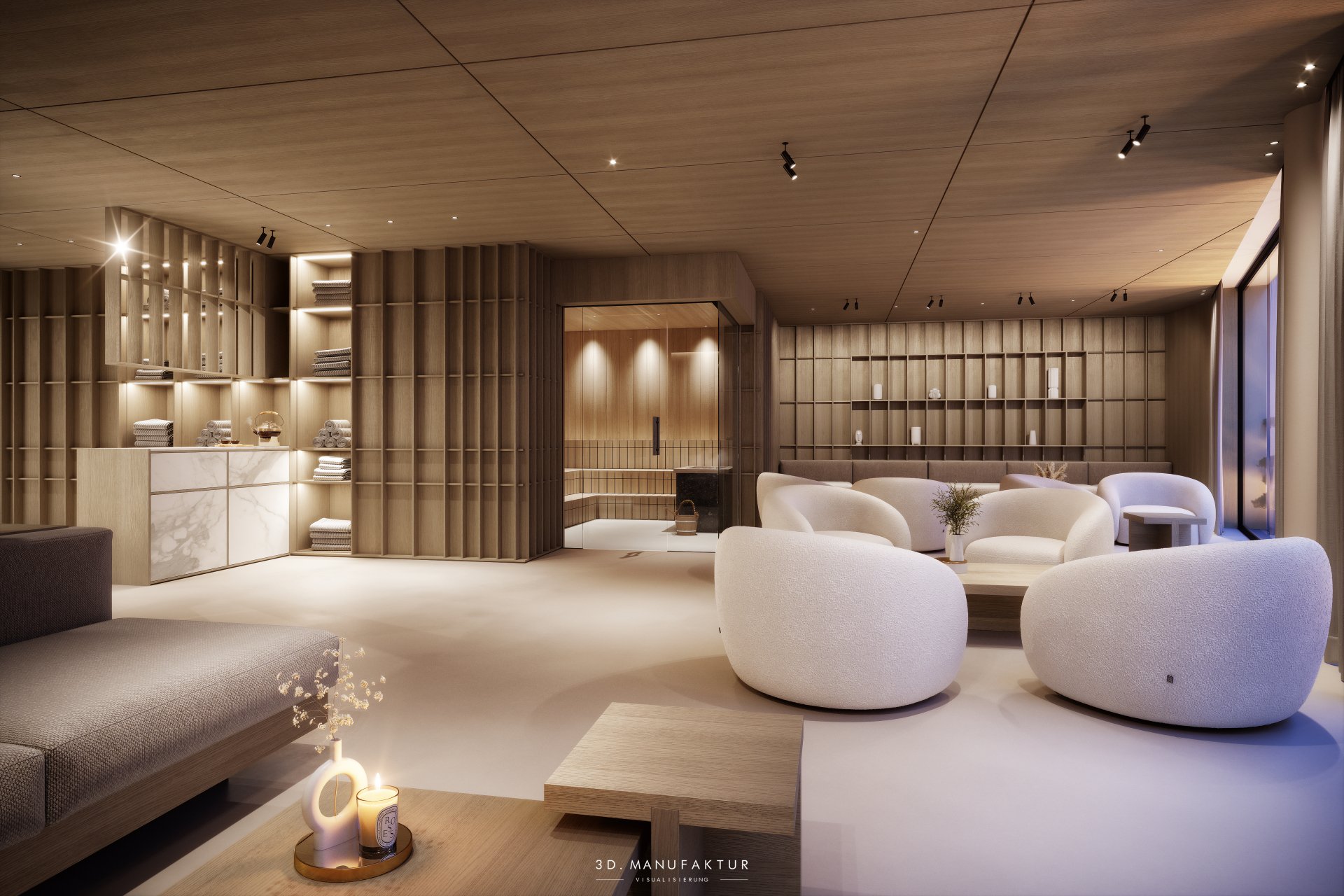 Interiorvisualisierung Haven Mountain Retreat Wellnessbereich