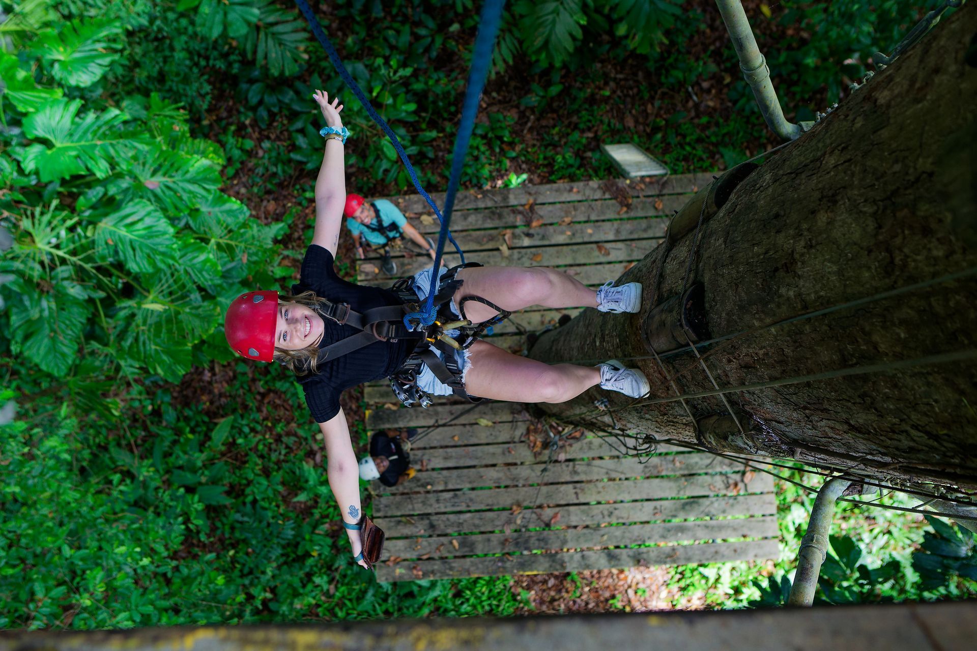 Cyclist on a rope swing in a lush forest, arms outstretched near a large tree trunk