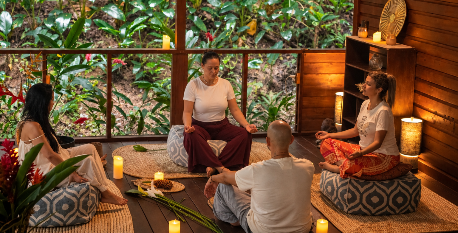 Four people sit in a circle on cushions in a warm, rustic room with plants and candles.