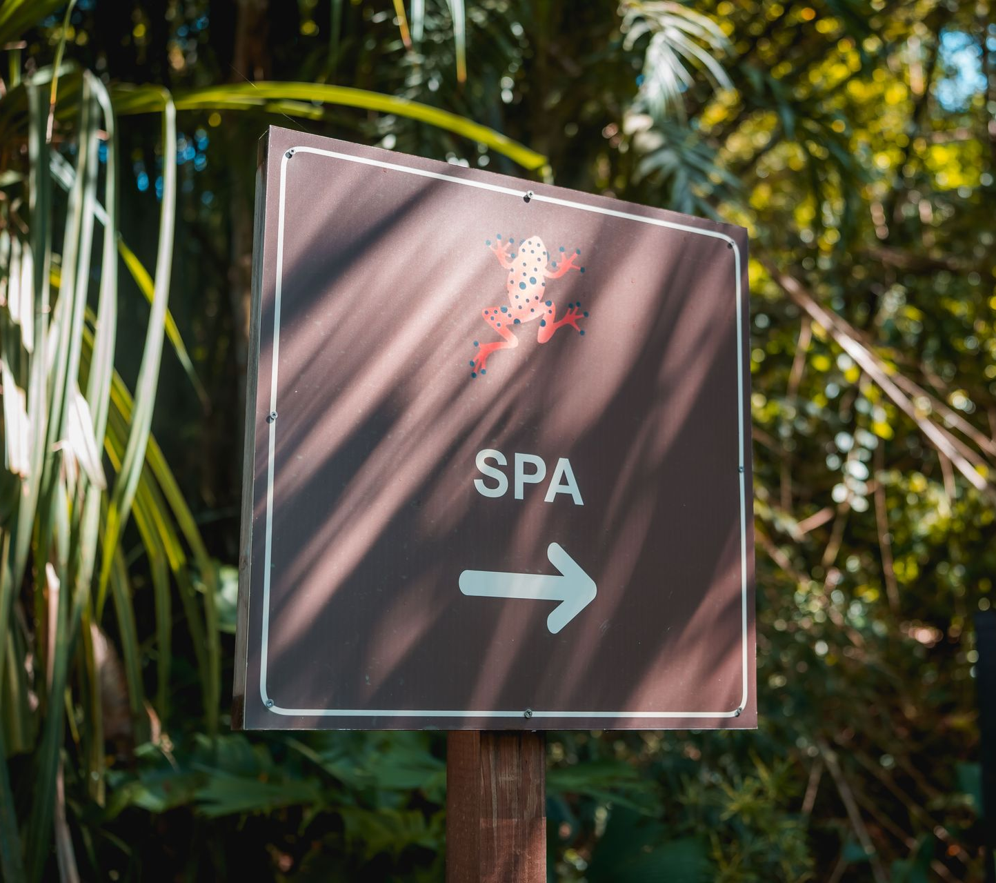 Brown spa sign with white arrow pointing right in a tropical garden