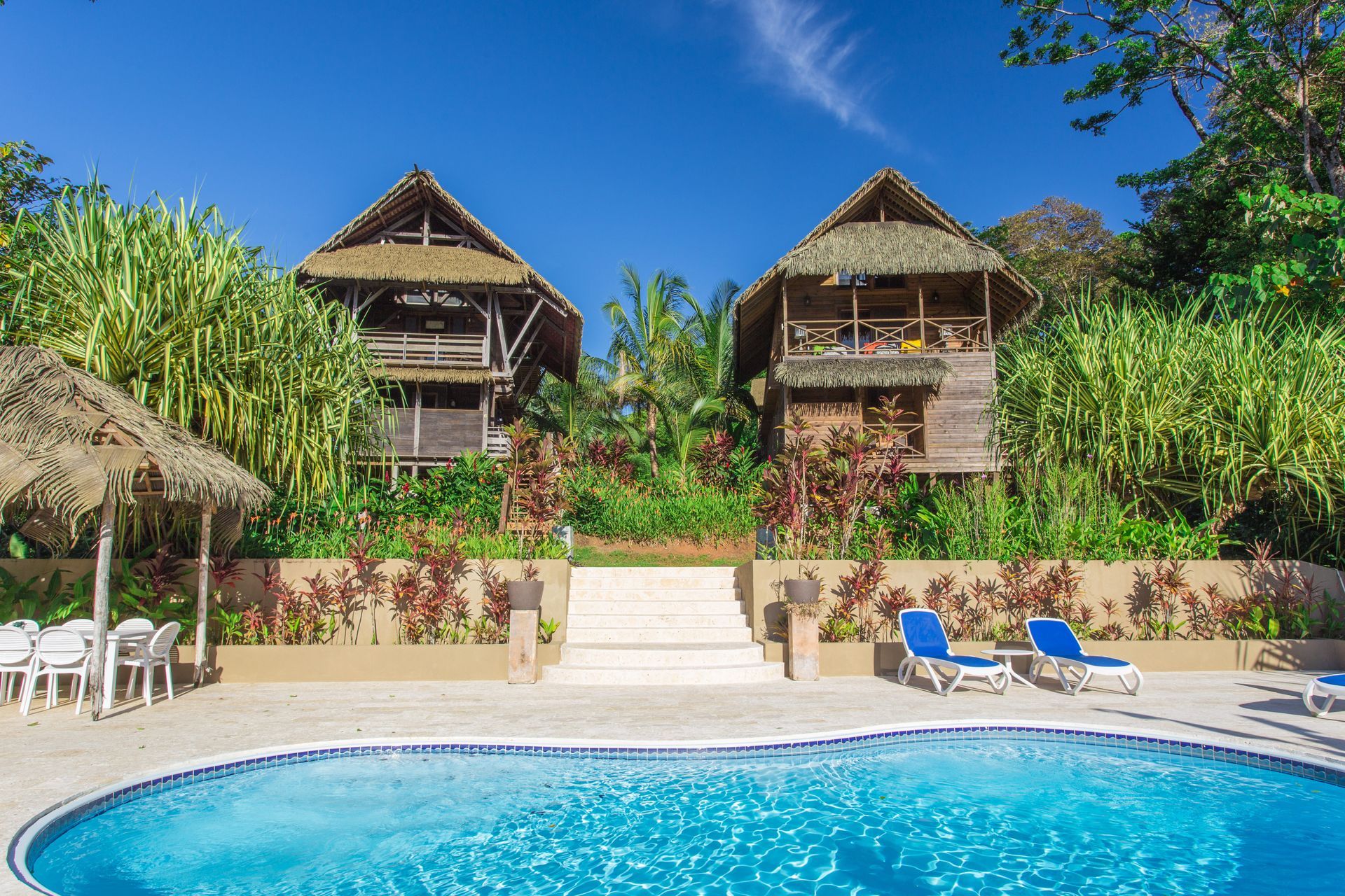 Tropical resort pool with blue lounge chairs, lush greenery, and two thatched-roof huts under a clear sky