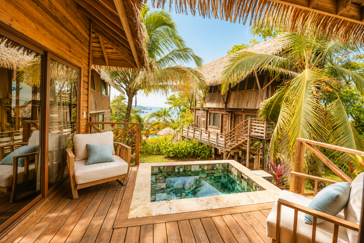 Tropical bungalow deck with a small plunge pool, lounge chairs, and palm trees overlooking the ocean