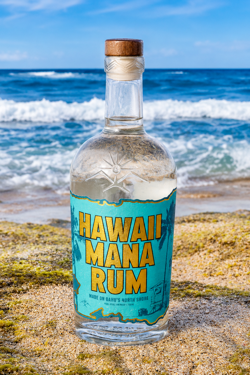 Hawaii Mana Rum bottle on a coral rock at the shoreline on Oahu's North Shore, turquoise label facing the surf, handcrafted by Haleiwa Distilling Company.