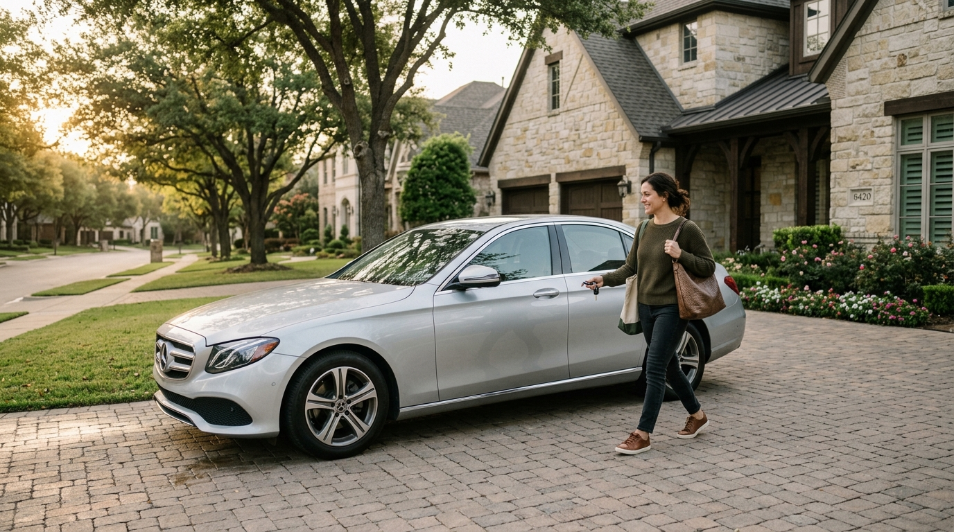A suburban street in Colleyville Texas with well-kept homes and a car parked in a driveway on a clear afternoon