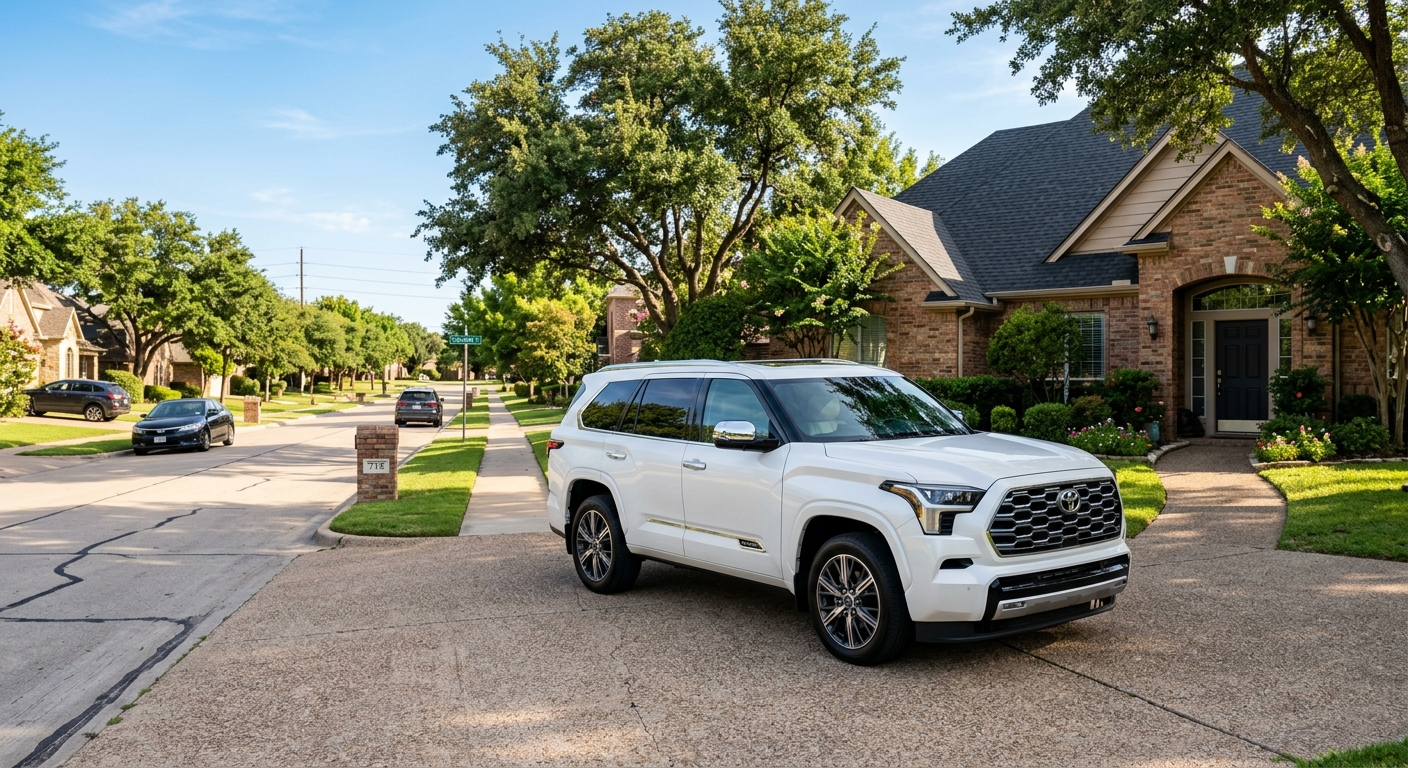 Car parked on a quiet Saginaw, Texas residential street on a sunny afternoon with suburban homes in the background