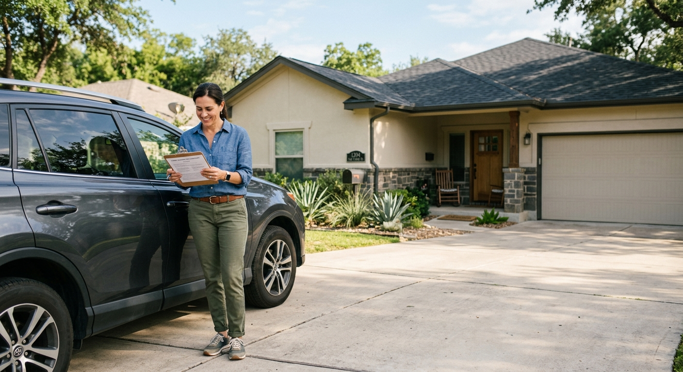 A suburban North Texas home and a parked car in the driveway on a clear afternoon