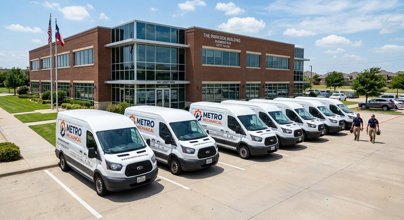 Commercial work truck parked outside a small business in a North Texas suburb on a clear day