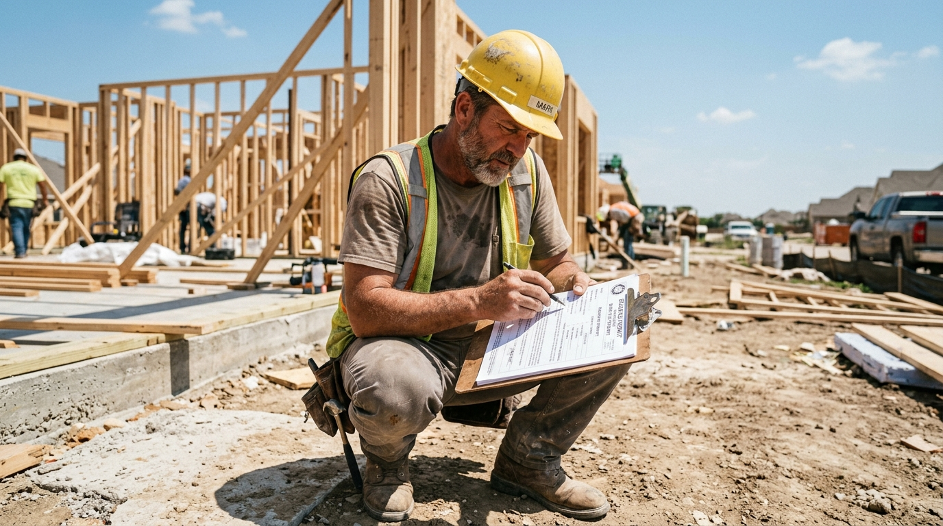 Construction worker in a hard hat reviewing blueprints on a job site in North Texas with a wood-framed building in the