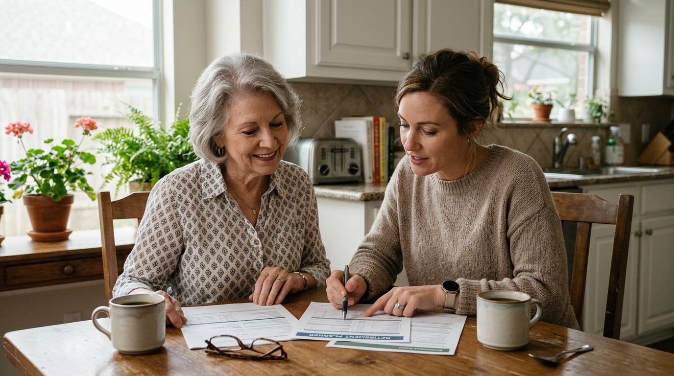 Elderly Texas couple reviewing final expense insurance documents at a kitchen table in a warm, sunlit home