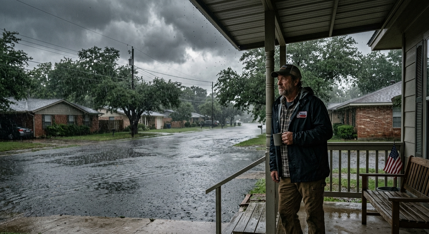 Flooded residential street in a North Texas neighborhood with water rising around brick homes after heavy rainfall