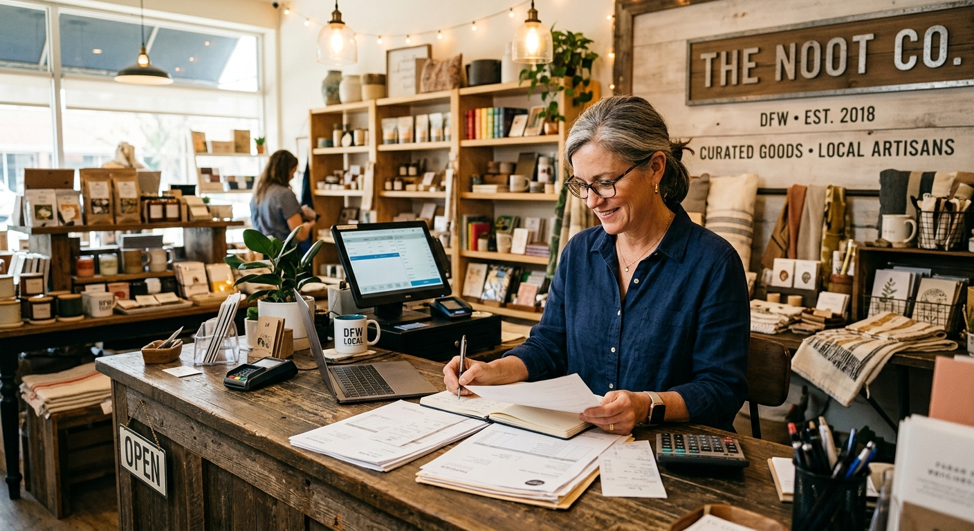 Small business owner reviewing insurance documents at a desk in a North Texas office