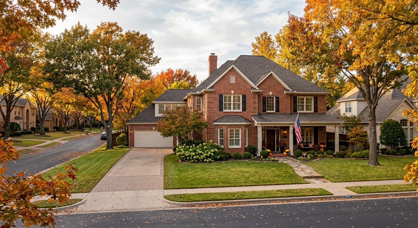 Brick colonial home in a Colleyville Texas neighborhood with a manicured lawn under a partly cloudy sky