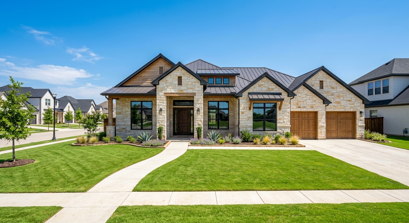 Suburban home in Haslet Texas on a clear day with a well-kept lawn and attached garage in a newer residential neighborhood