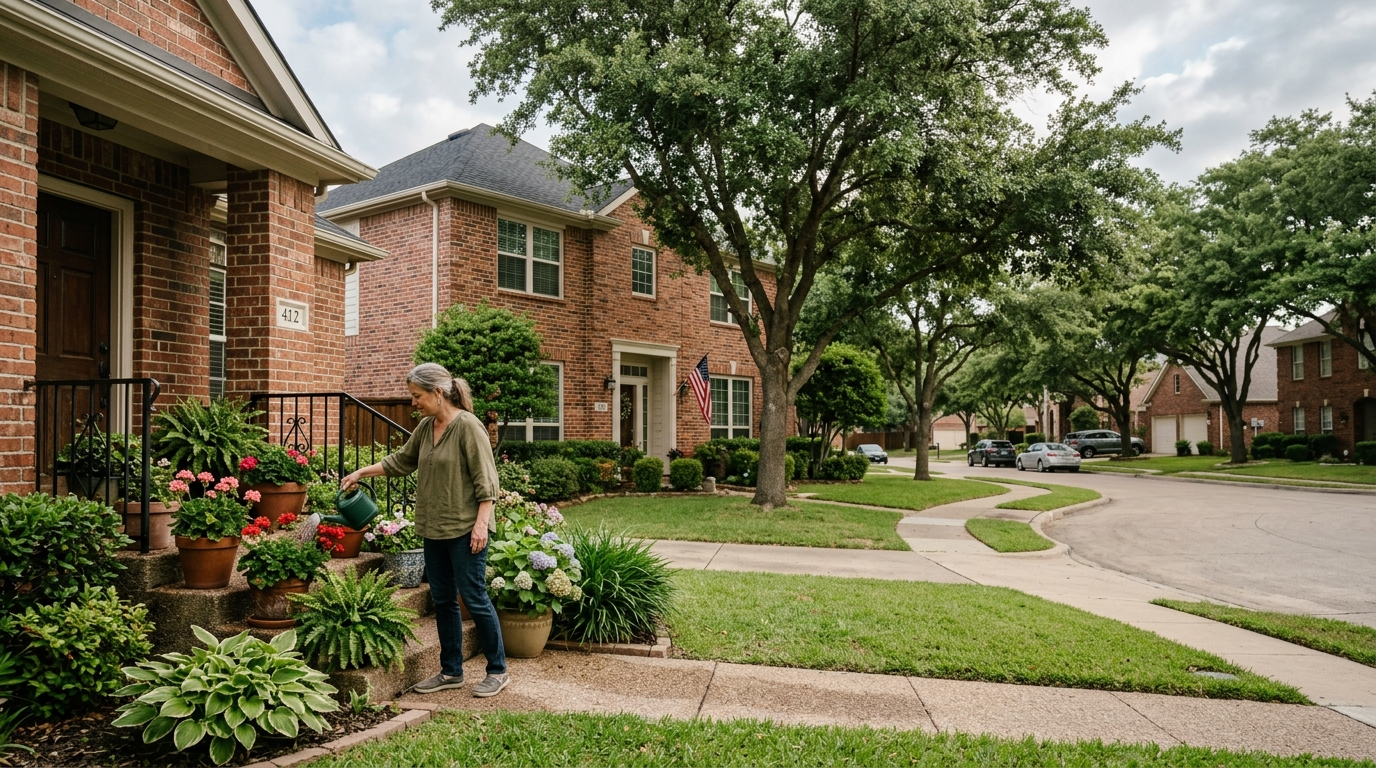 Suburban Highland Village Texas neighborhood with brick homes, green lawns, and clear blue sky on a calm afternoon