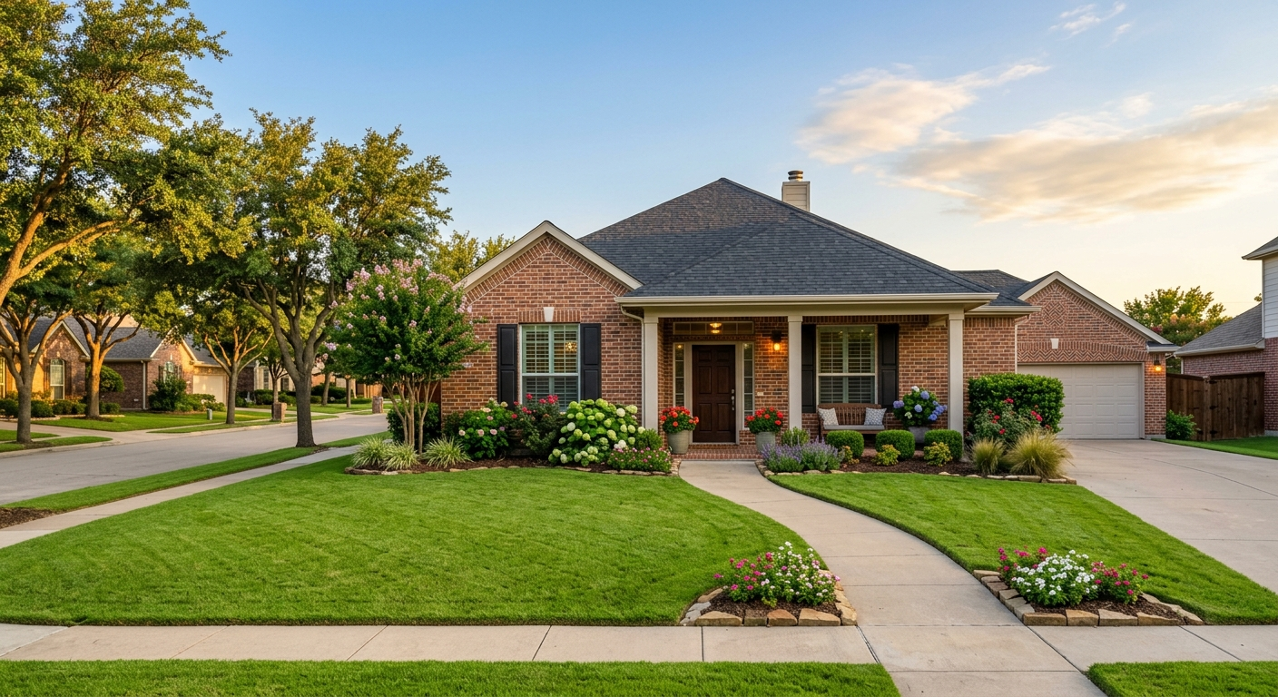 Brick single-family home on a quiet Roanoke Texas street on a clear afternoon with green lawn and a two-car garage