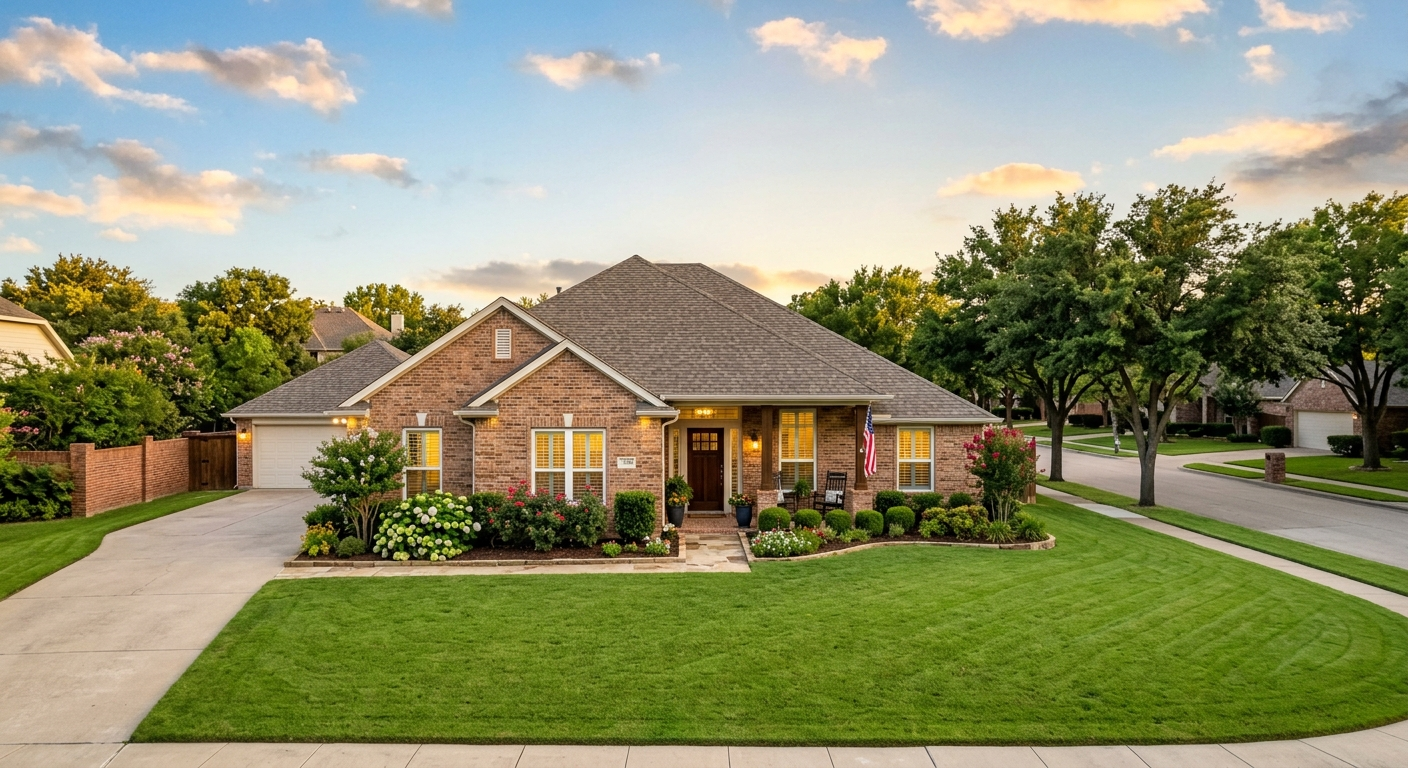 A single-story brick home in a North Texas suburban neighborhood under a partly cloudy sky with green grass in the front yard