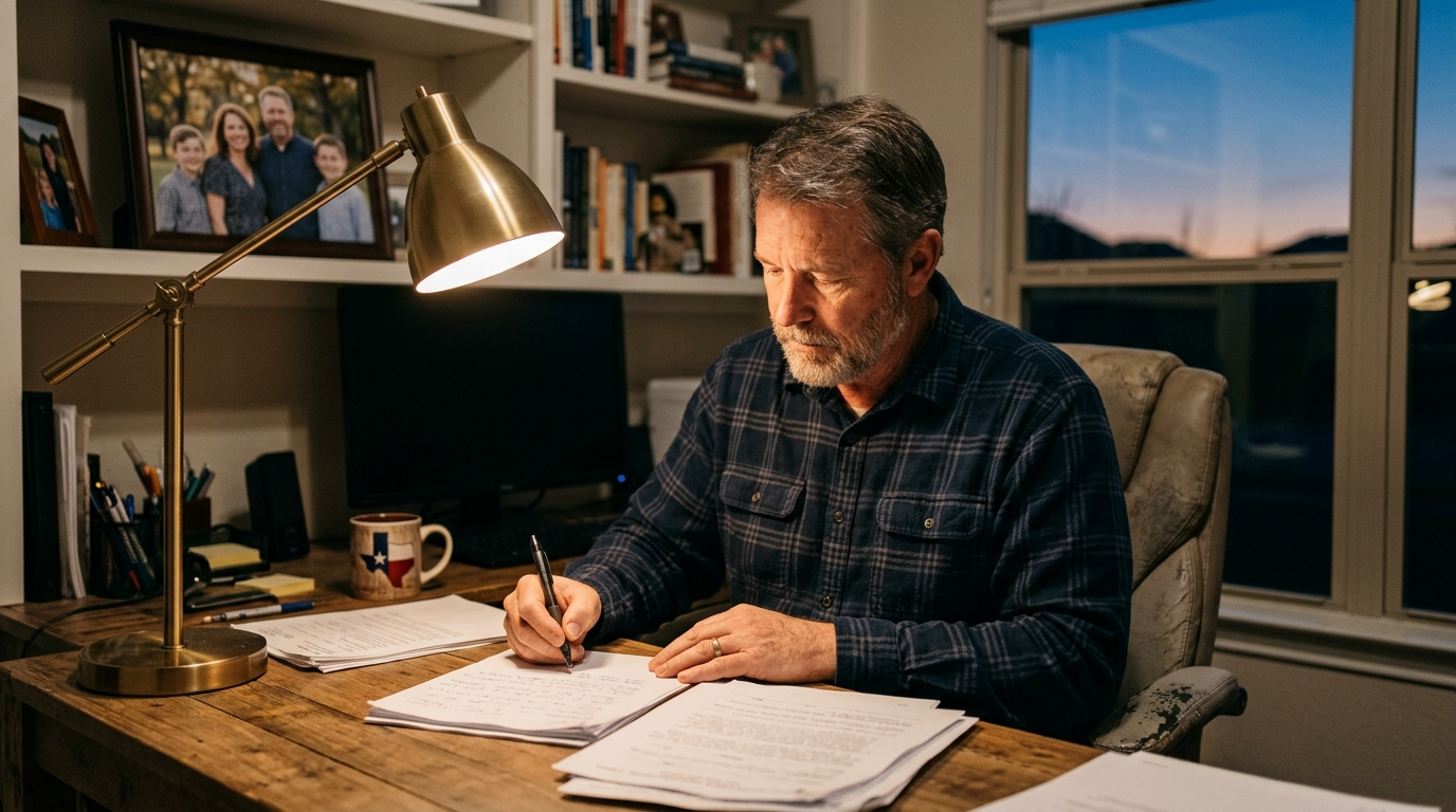 Texas family reviewing life insurance documents at a kitchen table with an agent