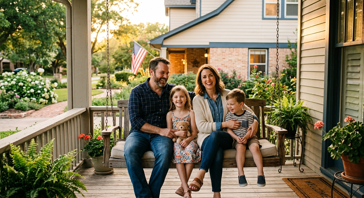 A Texas family reviewing life insurance documents at a kitchen table in a sunny suburban home