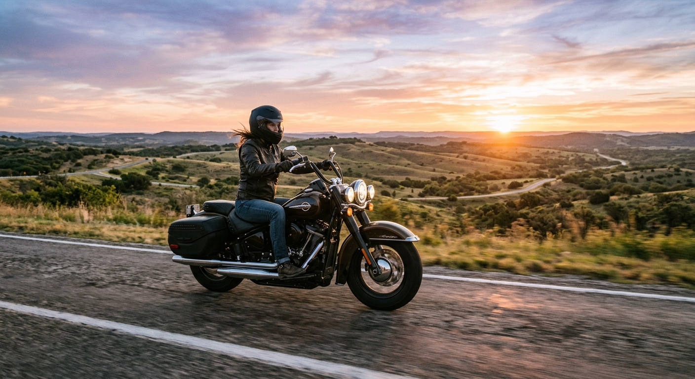 Motorcyclist riding on a Texas highway at sunset with open road ahead and blue sky
