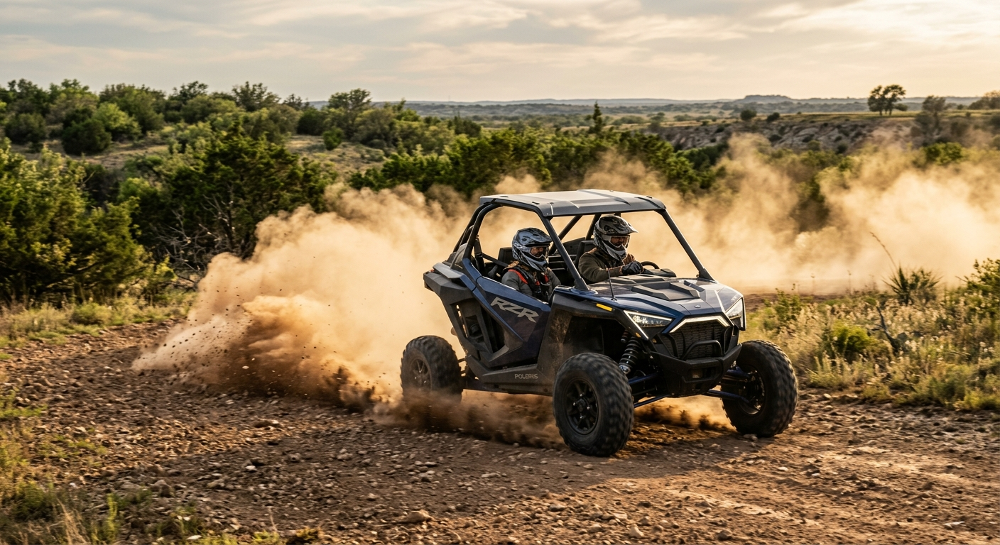 Two riders in helmets on a UTV driving through a dusty off-road trail in North Texas at sunset